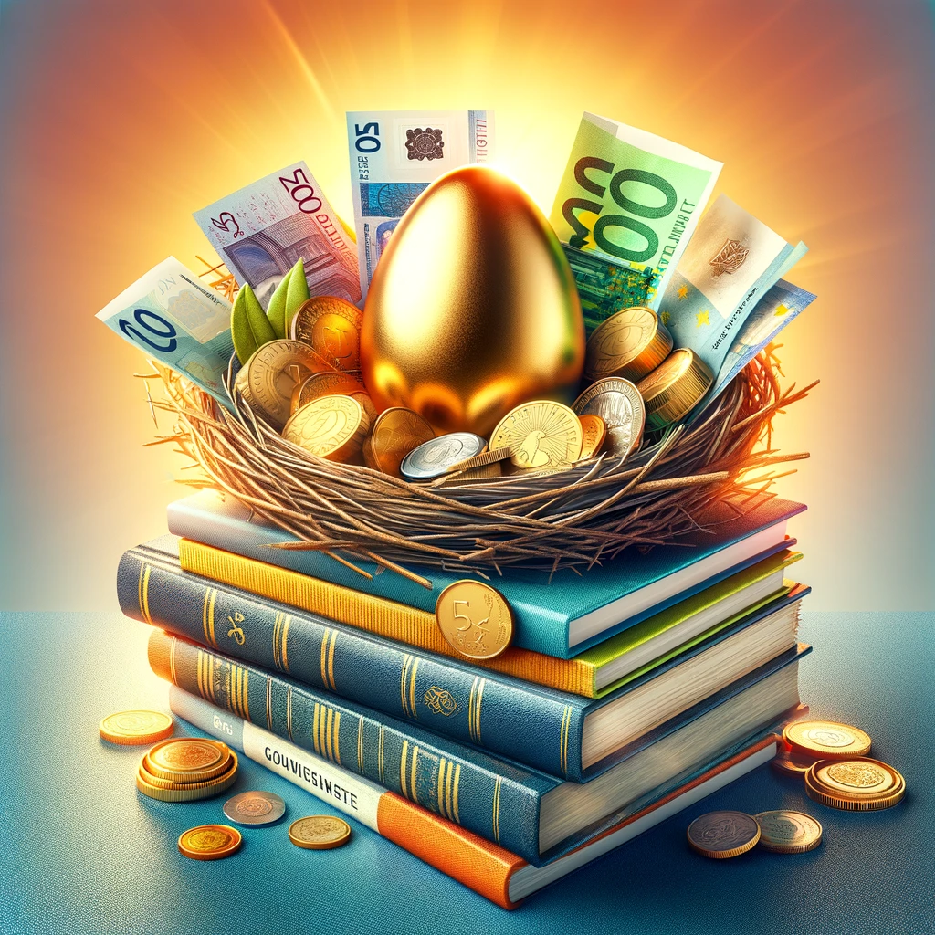 Ovo dourado em ninho sobre livros de finanças simbolizando crescimento e educação financeira