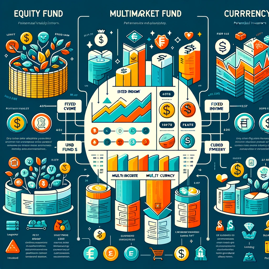 Infográfico detalhando os diferentes tipos de fundos de investimento, incluindo renda fixa e ações