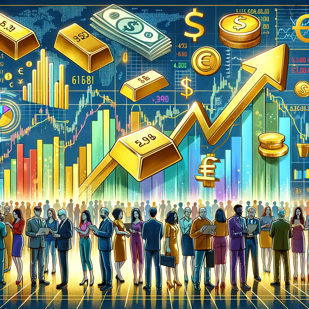 Ilustração detalhada mostrando pessoas diversas segurando diferentes instrumentos financeiros, simbolizando a variedade e potencial de investimentos.
