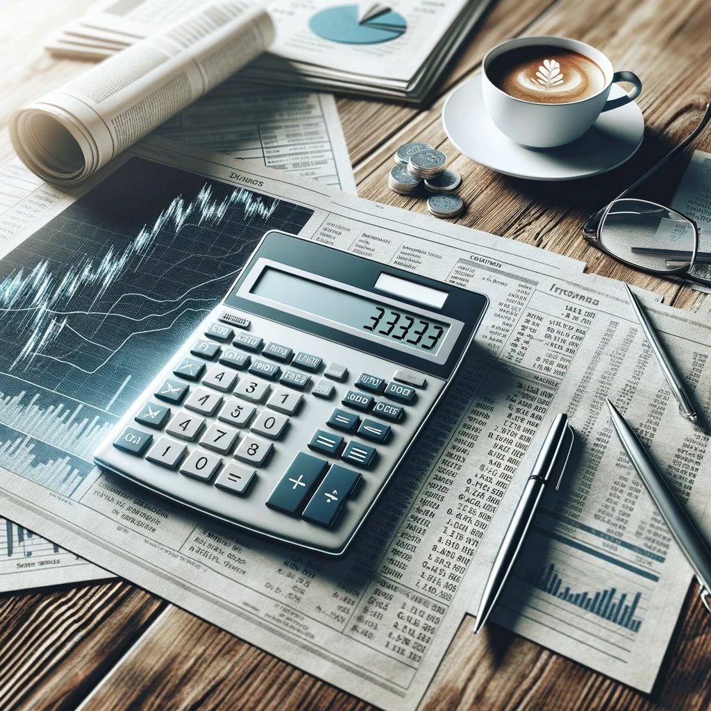 Calculadora digital moderna sobre uma mesa de madeira, cercada por jornais financeiros, representando o planejamento de investimentos.