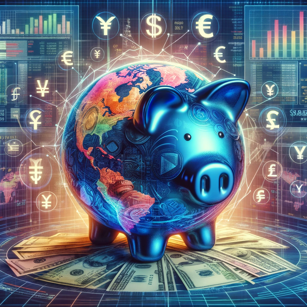 Ilustração de um cofrinho em forma de globo cercado por símbolos monetários, destacando oportunidades globais de investimento.