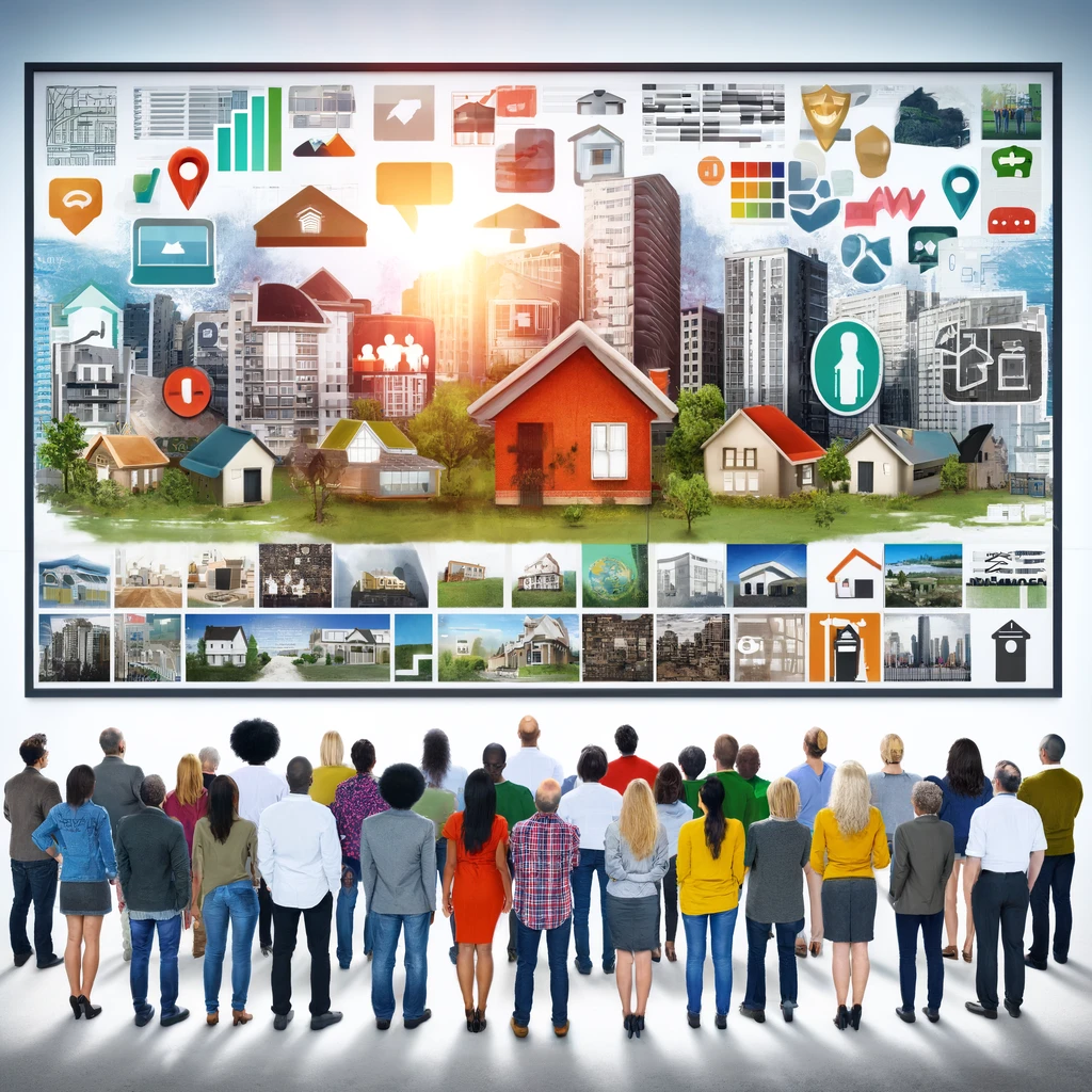 Grupo diversificado de pessoas olhando para uma grande tela com varias propriedades imobiliarias disponiveis para investimento, simbolizando oportunidades de investimento coletivo