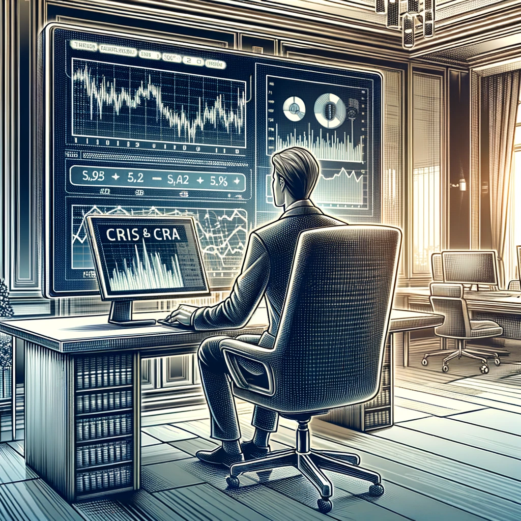 Ilustração de um consultor financeiro analisando oportunidades de investimento em CRIs e CRAs em um escritório moderno.