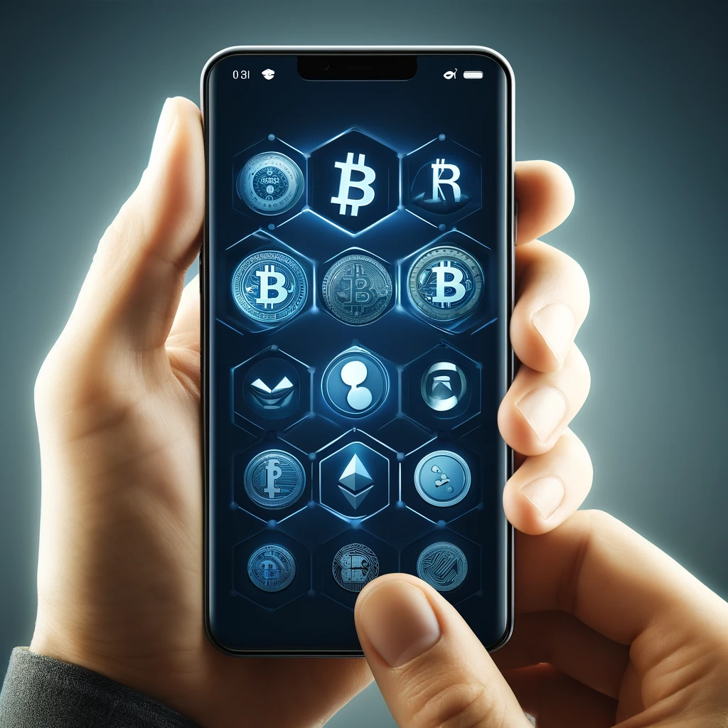 Smartphone exibindo ícones de várias criptomoedas, simbolizando a gestão pessoal de ativos digitais