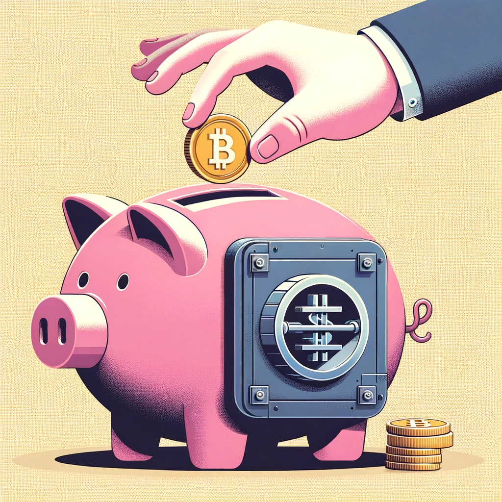 Ilustração conceitual de uma mão depositando uma moeda em um cofre digital, representando investimento seguro em criptomoedas.