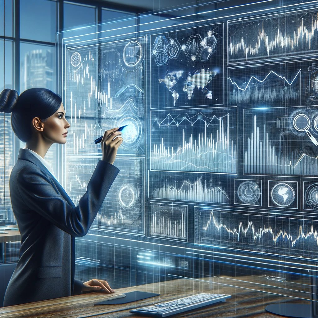 Mulher de negócios analisando dados financeiros em um escritório moderno