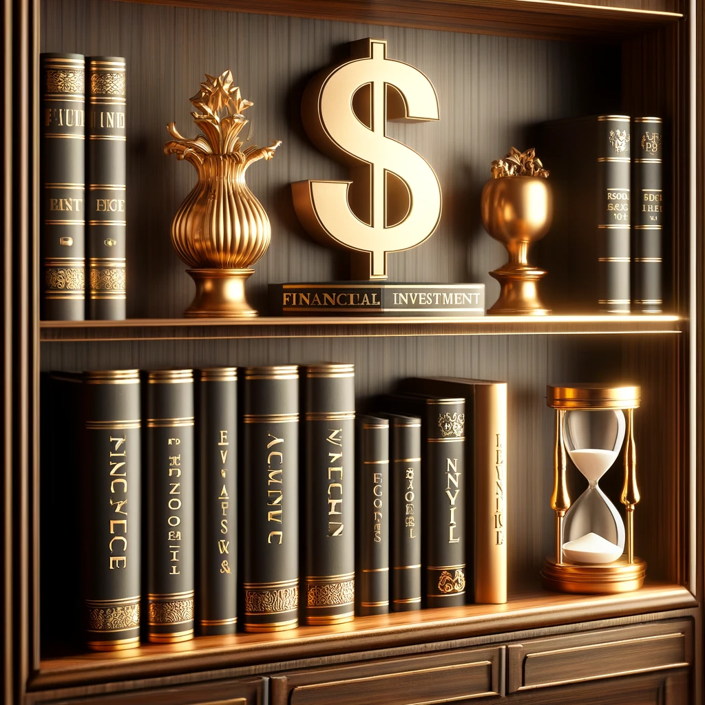 Estante de investimentos financeiros, destacando livros sobre economia e finanças com suportes dourados em forma de símbolo de dólar, transmitindo riqueza e conhecimento.