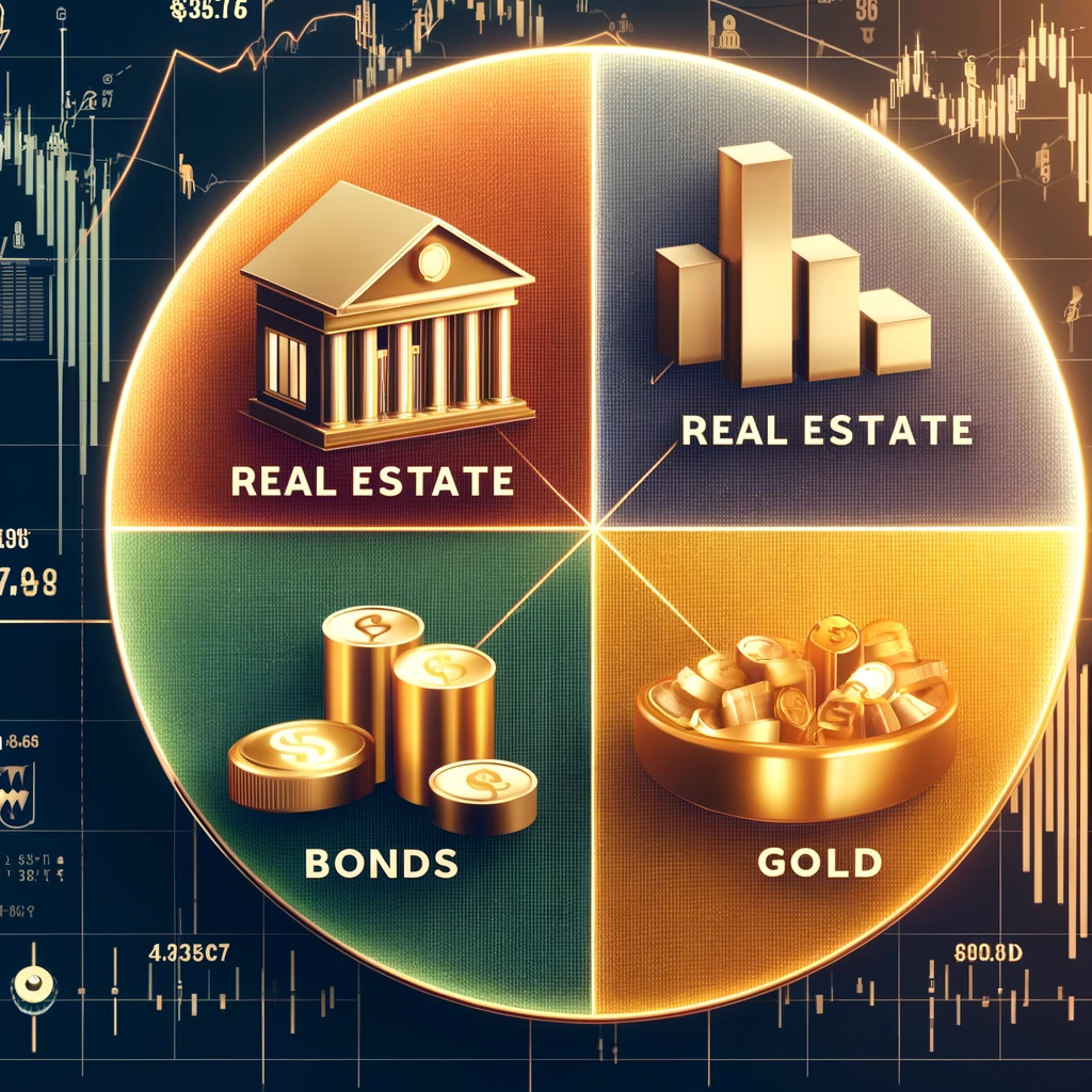 Representação visual de um portfólio de investimento diversificado, incluindo ações, títulos, imóveis e ouro